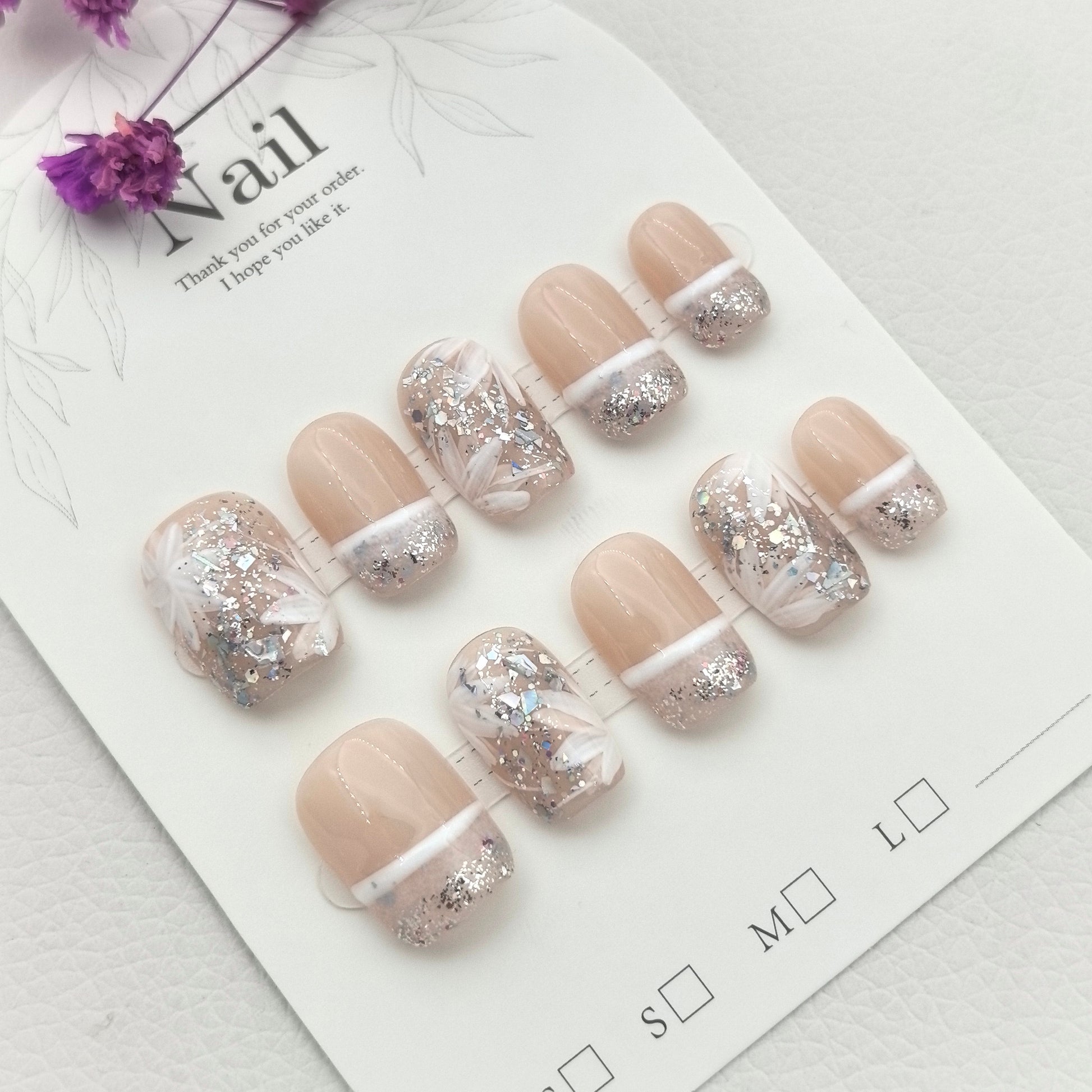Pure White Floral Glitter Hand-Painted Press-on Nails