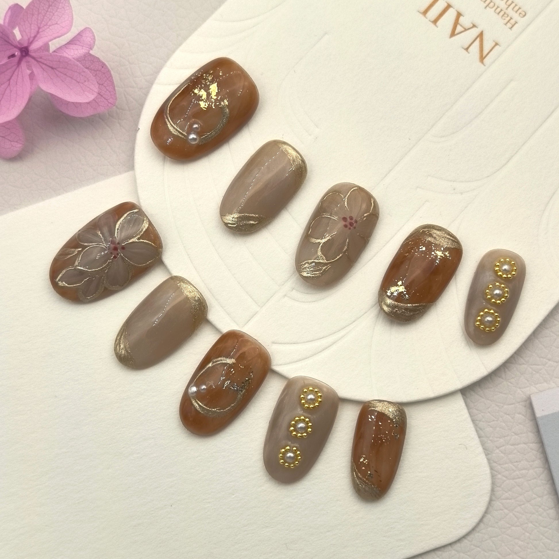 [Golden Pattern Pearl Floral] Handmade Premium Press-on Nails