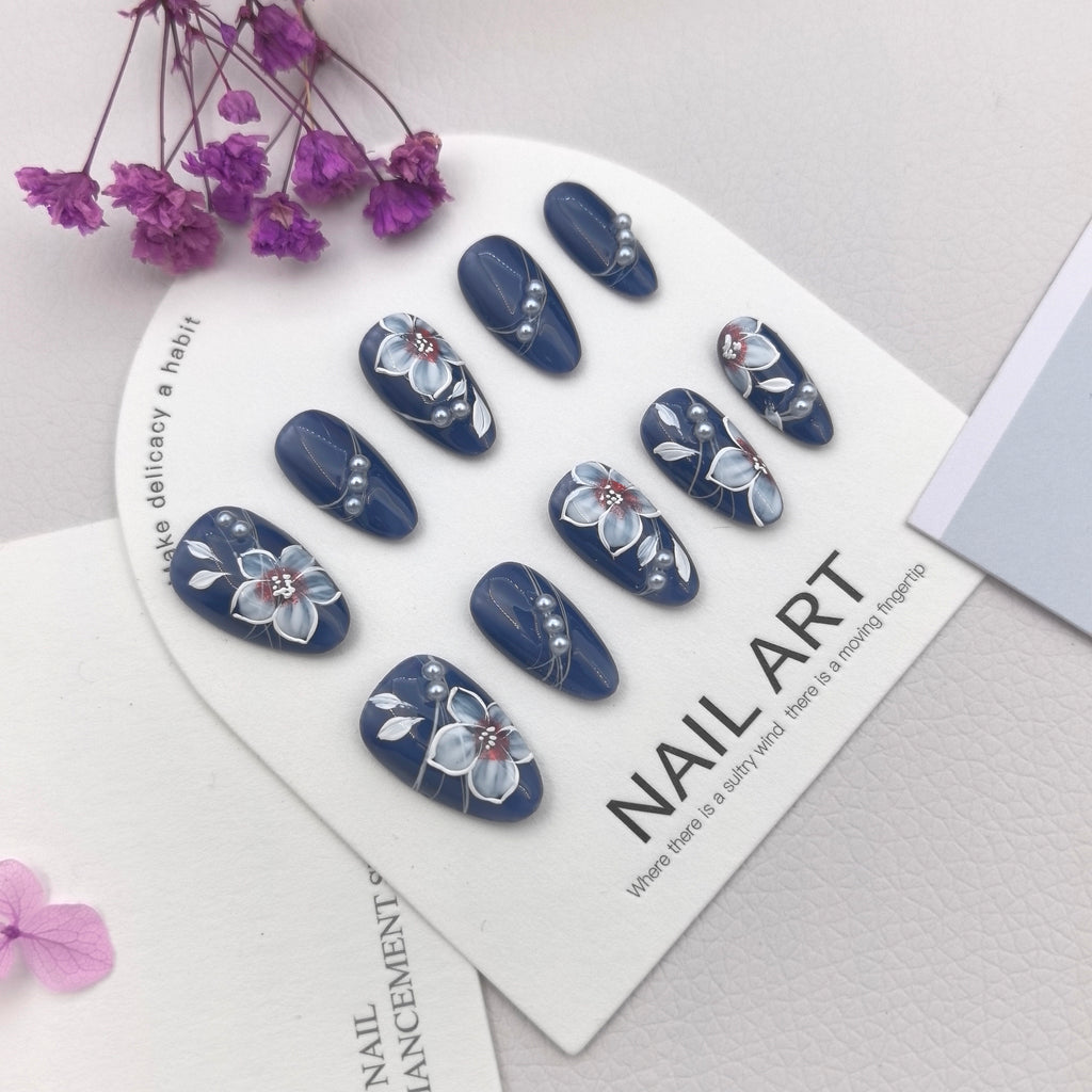 [Royal Blue Silver Beads] Handmade Premium Press-on Nails