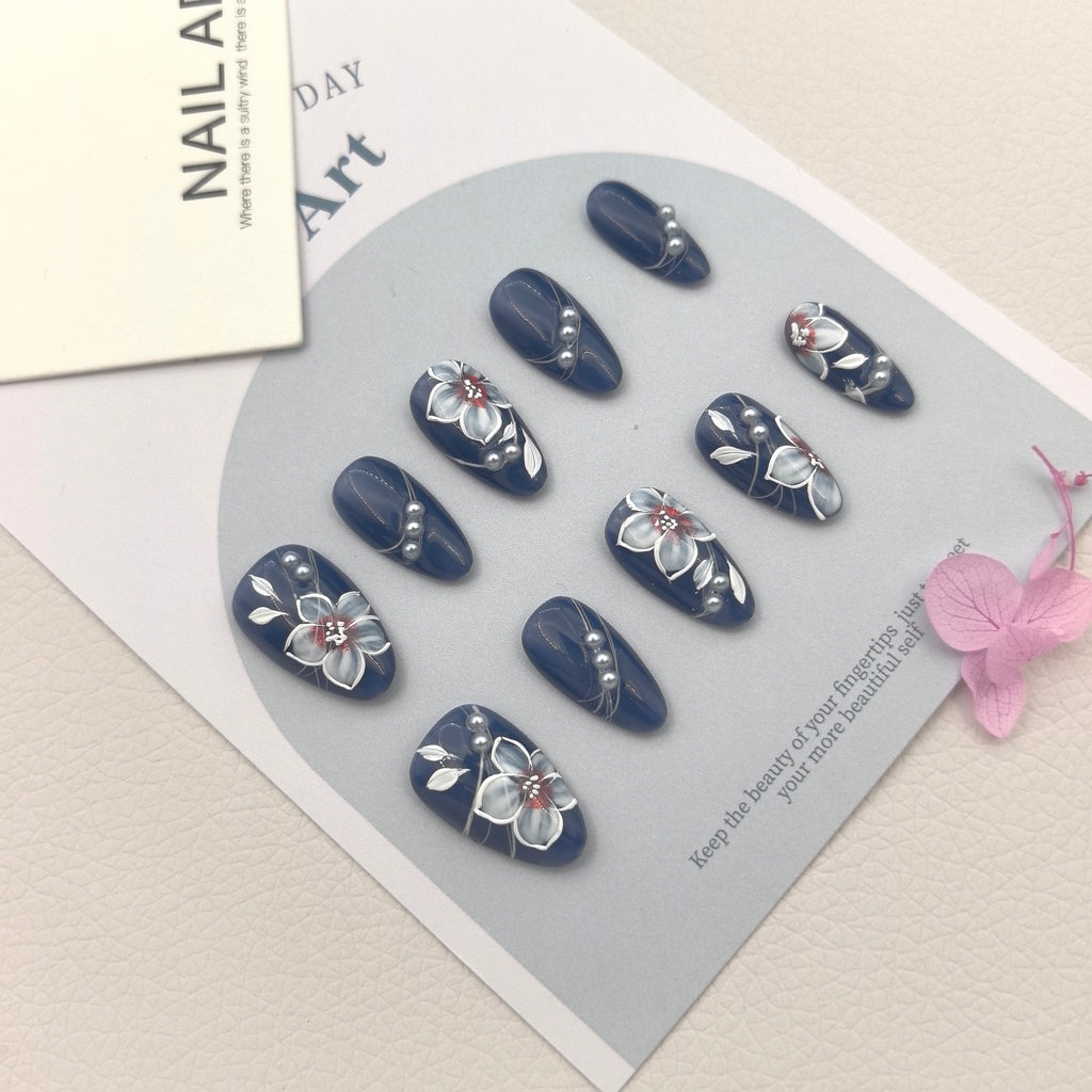 [Royal Blue Silver Beads] Handmade Premium Press-on Nails