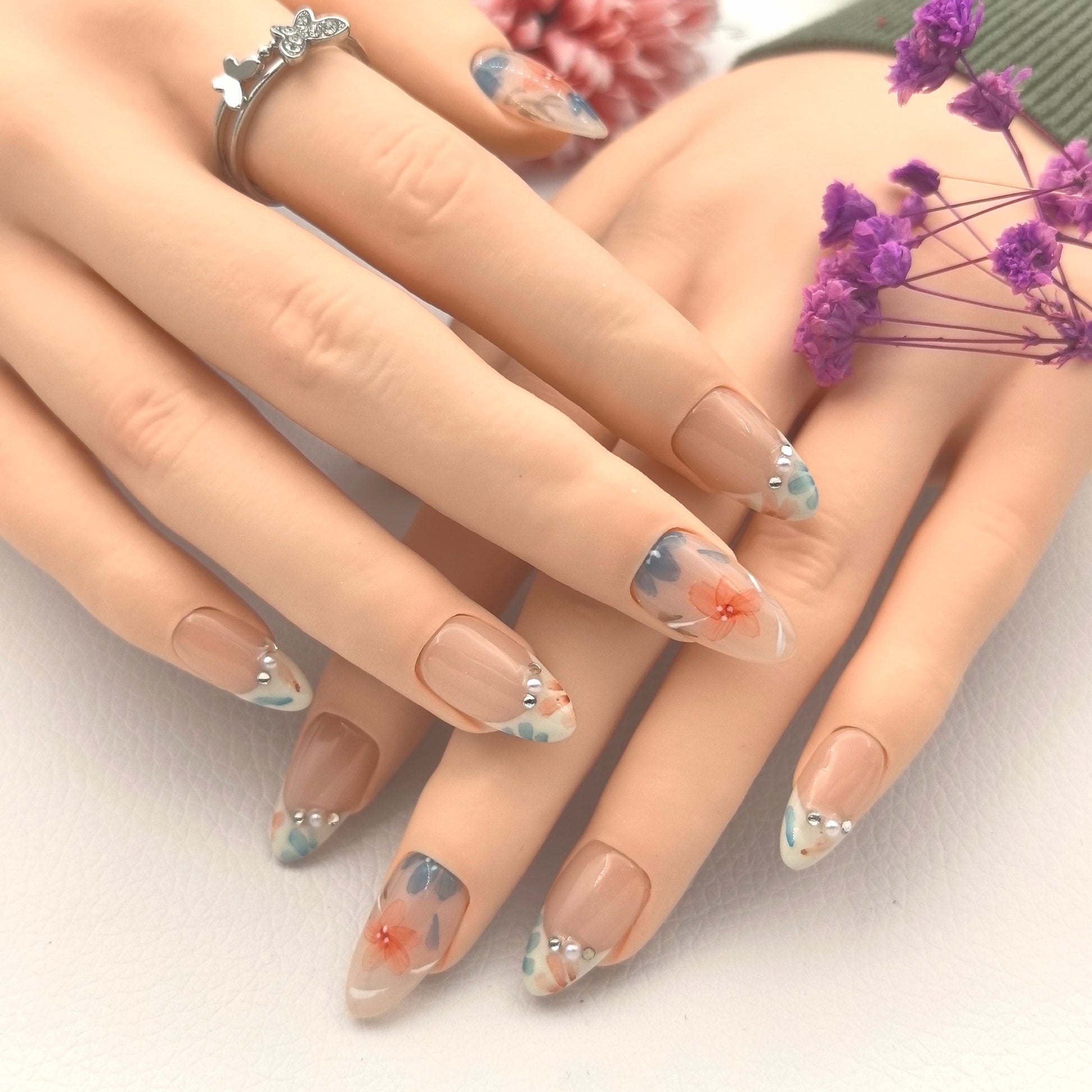 Premium Artisan Hand-Painted Floral Press-On Nails