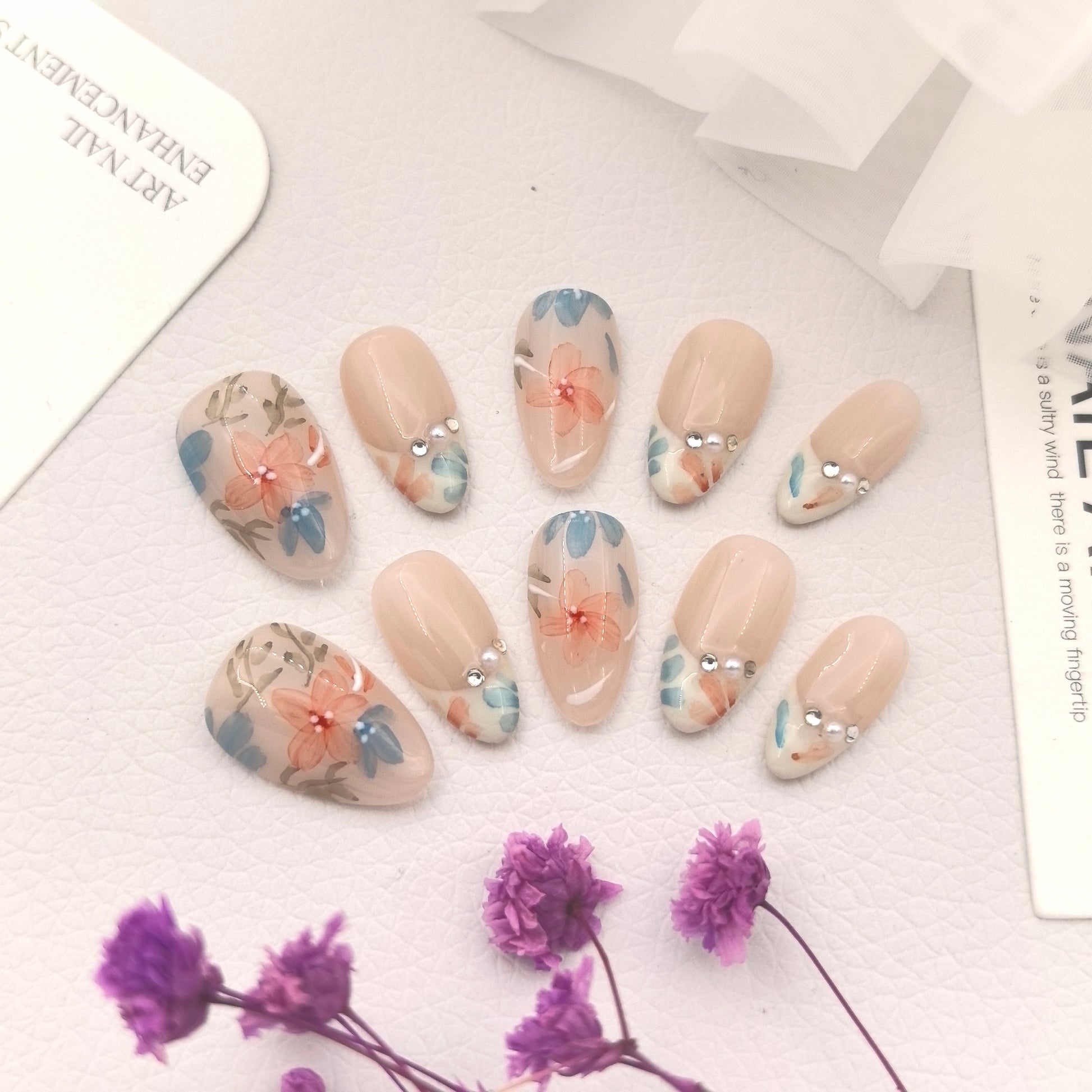 Premium Artisan Hand-Painted Floral Press-On Nails