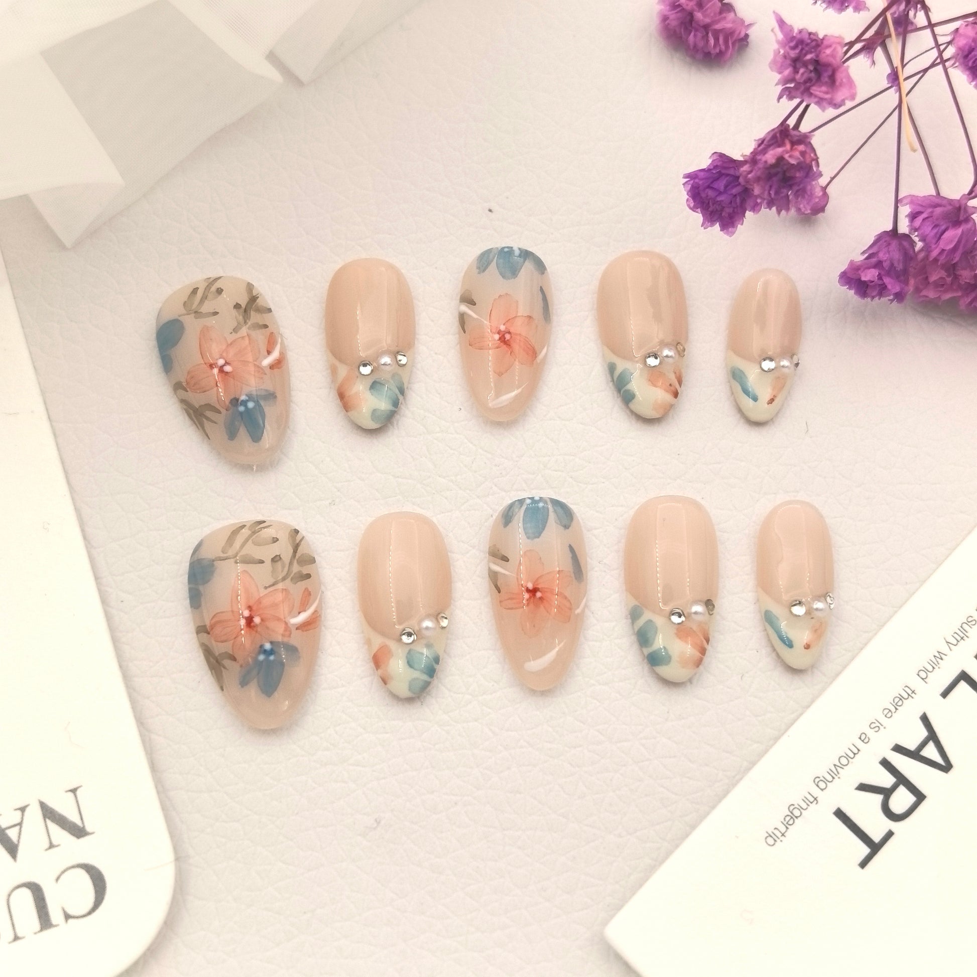 Premium Artisan Hand-Painted Floral Press-On Nails