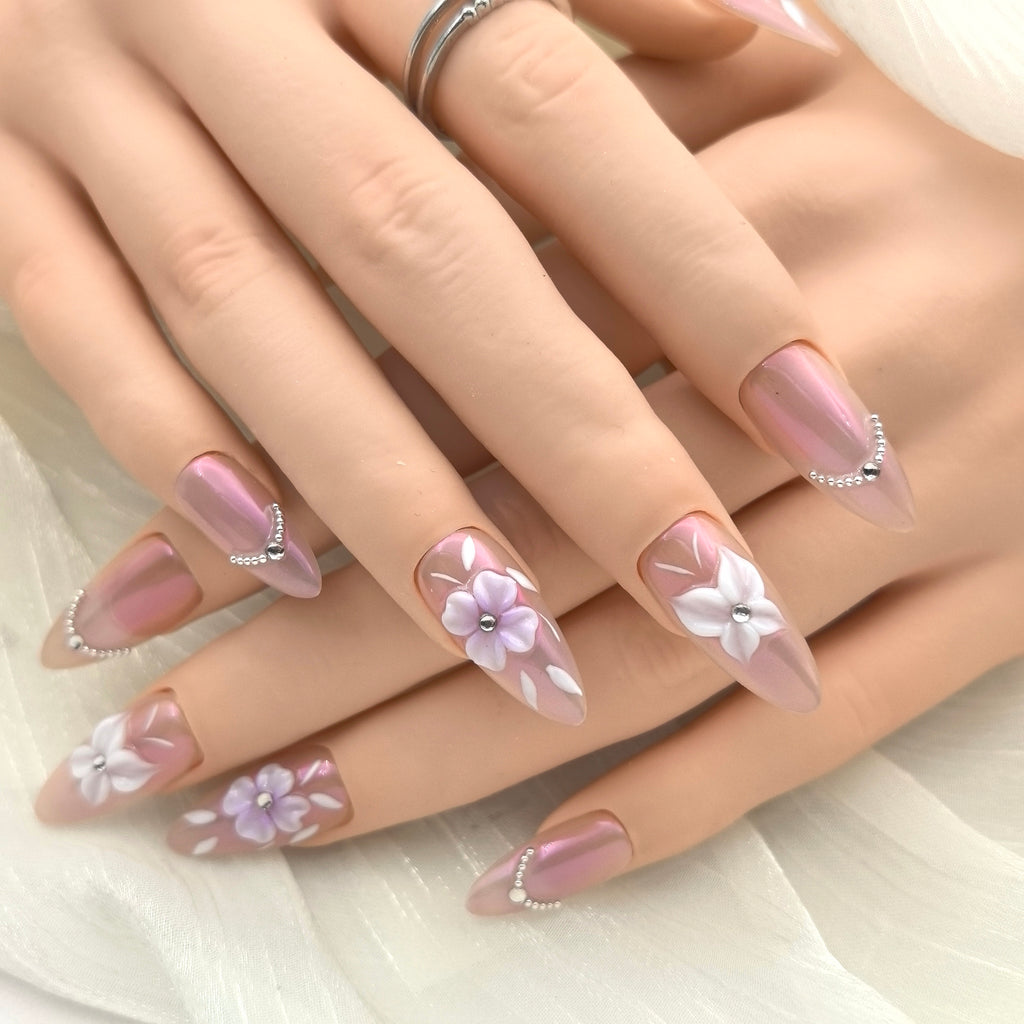 Vibrant Ombre Purple Alluring Hand-Sculpted 3D Floral Press-on Nails