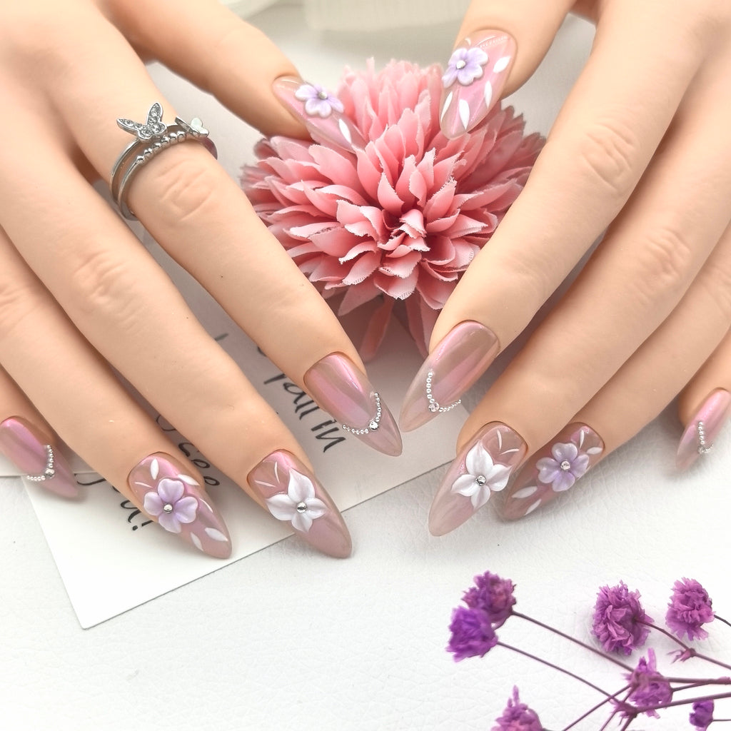 Vibrant Ombre Purple Alluring Hand-Sculpted 3D Floral Press-on Nails