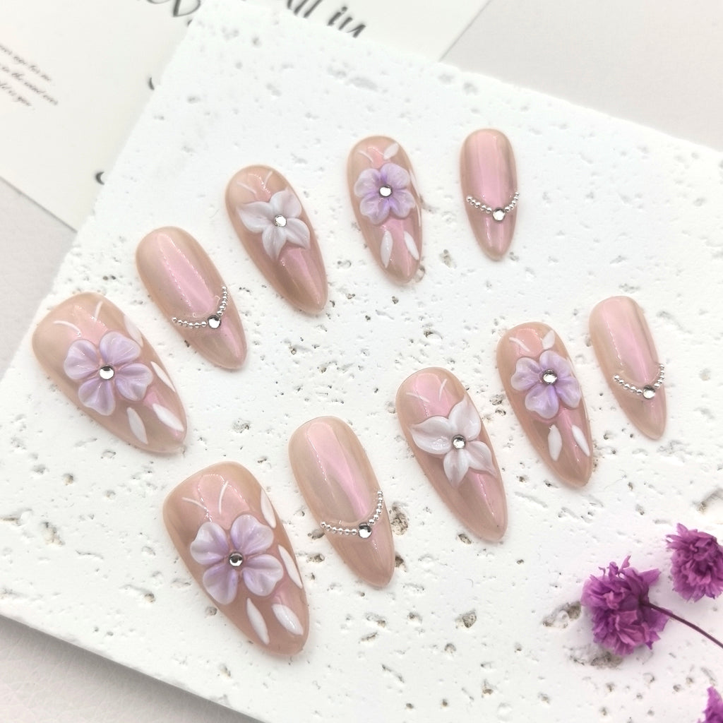 Vibrant Ombre Purple Alluring Hand-Sculpted 3D Floral Press-on Nails