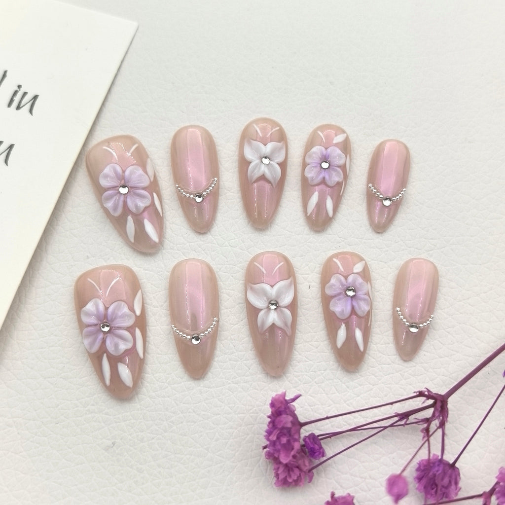 Vibrant Ombre Purple Alluring Hand-Sculpted 3D Floral Press-on Nails