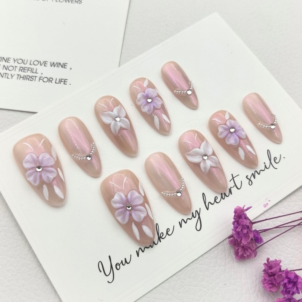 Vibrant Ombre Purple Alluring Hand-Sculpted 3D Floral Press-on Nails
