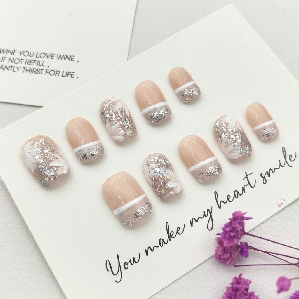 Pure White Floral Glitter Hand-Painted Press-on Nails