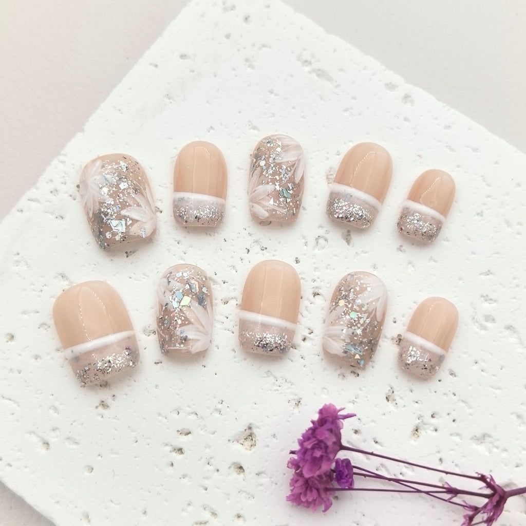 Pure White Floral Glitter Hand-Painted Press-on Nails